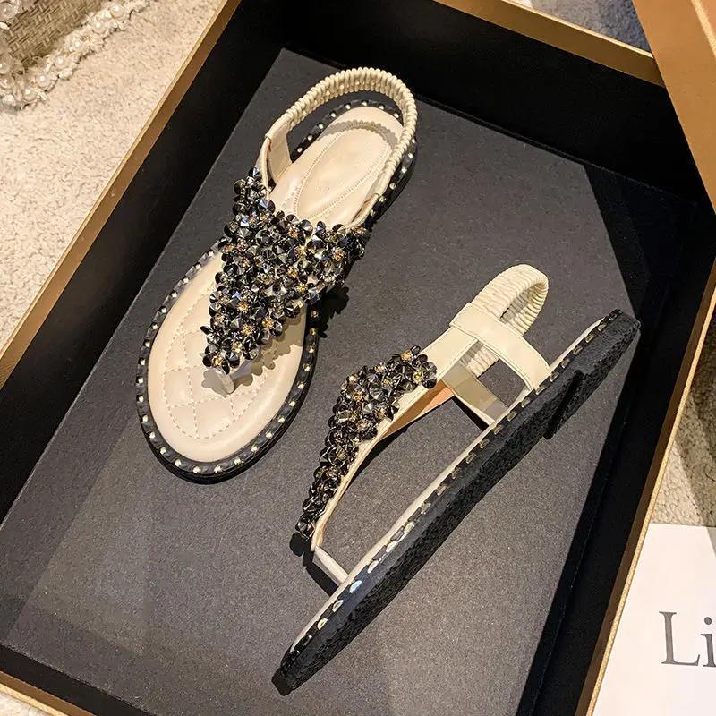 Fashion Sandals for Women Summer 2024 Rhinestones Beach Ladies Shoes Diamond Footwear Open Toe Comfort Comfortable and Elegant Vip F H