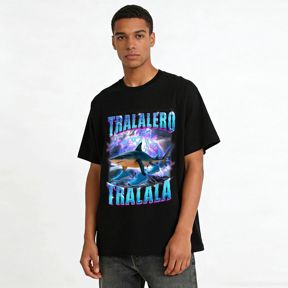 Funny Lightning Shark In Running Shoes Graphic Casual Tee Pure cotton T-shirt