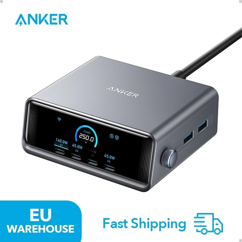Ładowarka USB-C Anchor Prime 250 W, ultras zybka 6-portowa ładowarka GaN, wyświetlacz LCD 6 cm, Intel igentny controller EU