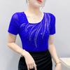 New Summer Women's T-shirt Sexy Skew Collar Shiny Diamonds Tees Fashion Female Short Sleeves Slim Mesh Tops Blouse