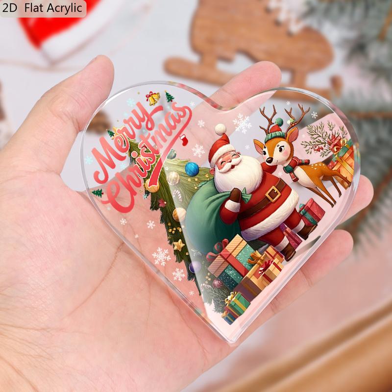 2D Flat Heart-Shaped Acrylic Christmas Desktop Decoration, Santa Claus & Reindeer Design, Snowy Tree & Presents, Suitable for wall decoration, porch,