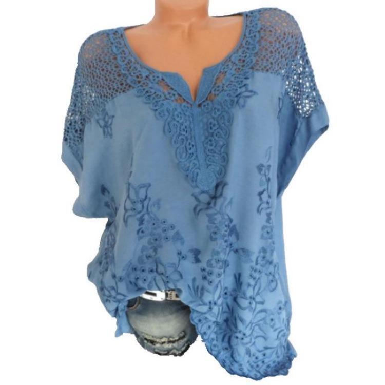 Women Fashion Loose Batwing V Neck Lace Embroidery Short Sleeve Tops Blouse