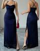 Women's Spaghetti Strap Mesh Ruched Split Maxi Dress Sweetheart Neck Bodycon Party Evening Dress