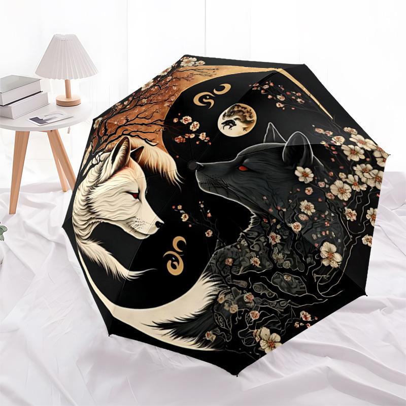 1pc Wolf Moon Automatic Open/close Folding Compact Umbrella, 8-Rib Sturdy Canopy, Lightweight Portable, Everyday Use, Gift,188