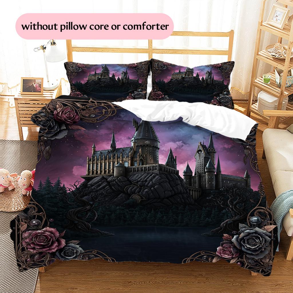 Oil Painting Style Castle Pattern Bedding Quilt Set Home Decoration Gift (1 * duvet cover + 2 * pillowcase without core)