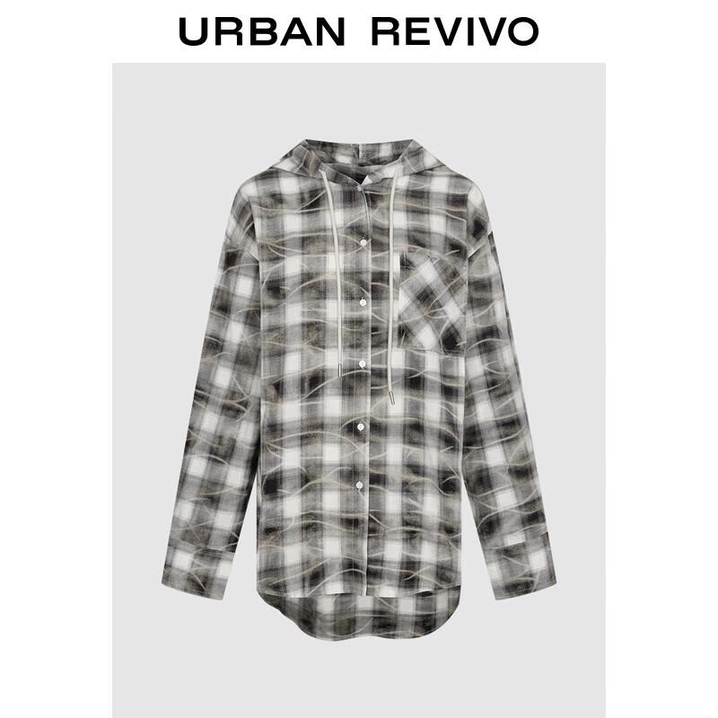 UR Women s Casual Plaid Hooded Drawstring Open Shirt S (XS-S)