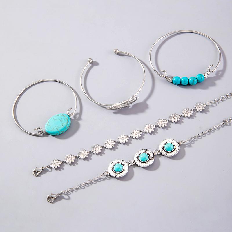 Boho Bransoletka z Turkusowymi Liśćmi dla Kobiecej Biżuterii, Etniczny Zestaw Bransoletek z Kwiatami
