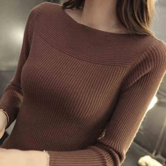 Women Knitting Tops Bateau Collar Long Sleeve Slim Fit Pullover Tops Solid Color Stretchy Bottoming