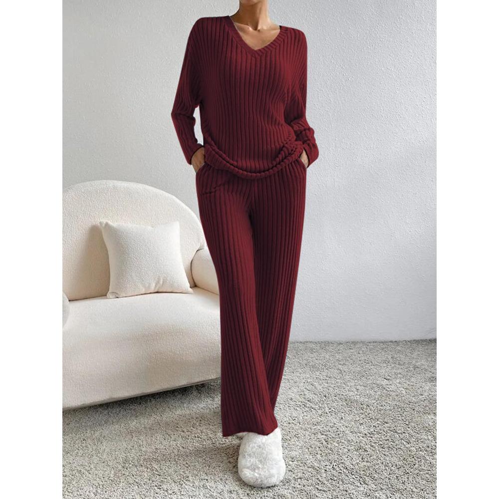 Women's Loose Knit Loungewear Set Long Sleeve V Neck Top Elastic Waist Wide Leg Pants