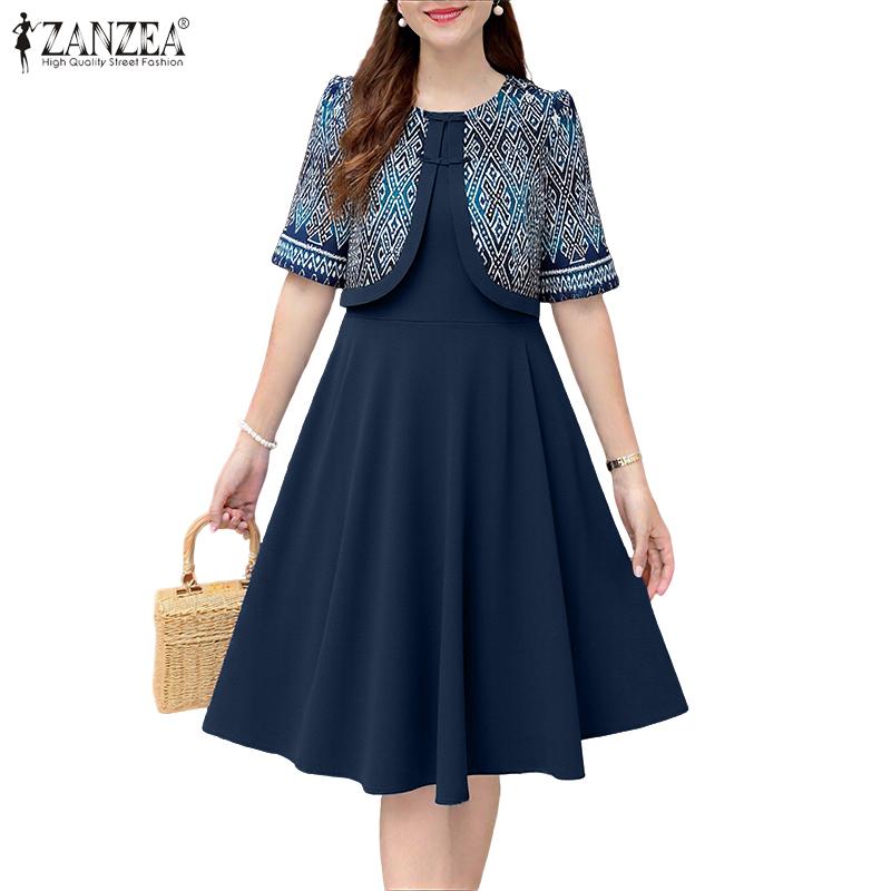 ZANZEA Women Casual Fake Two Piece Patchwork Retro Print Short Sleeve Dress