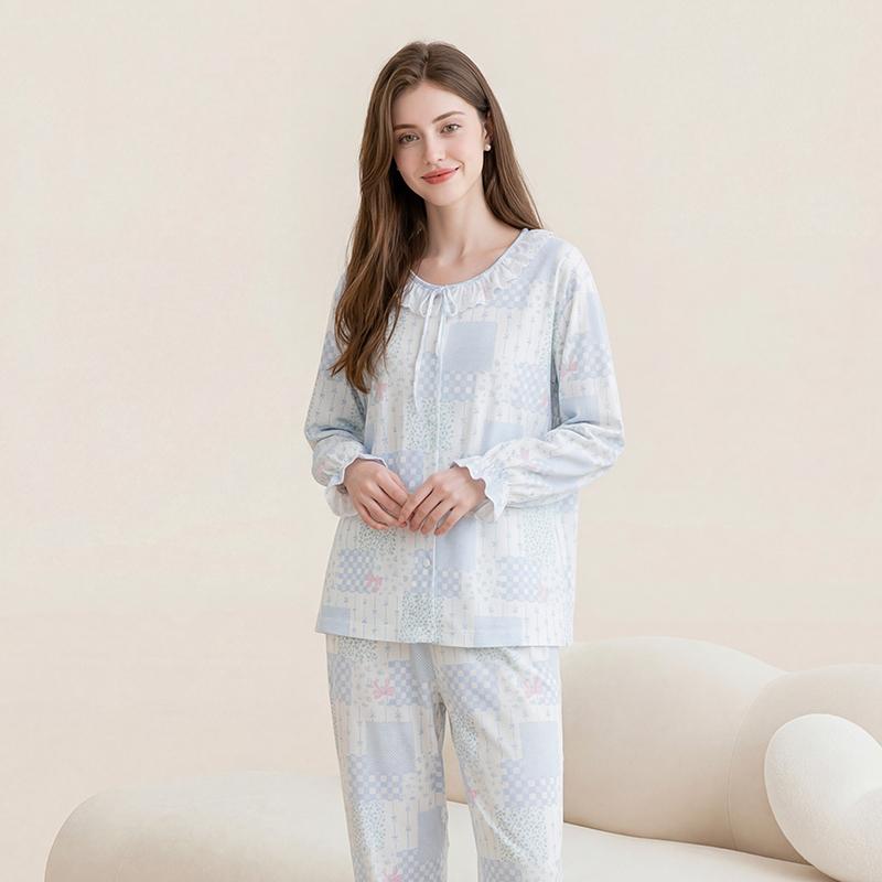 Fenteng [100% pure cotton 7A antibacterial] anti mite lace round neck cardigan long sleeved home suit set women's pajamas