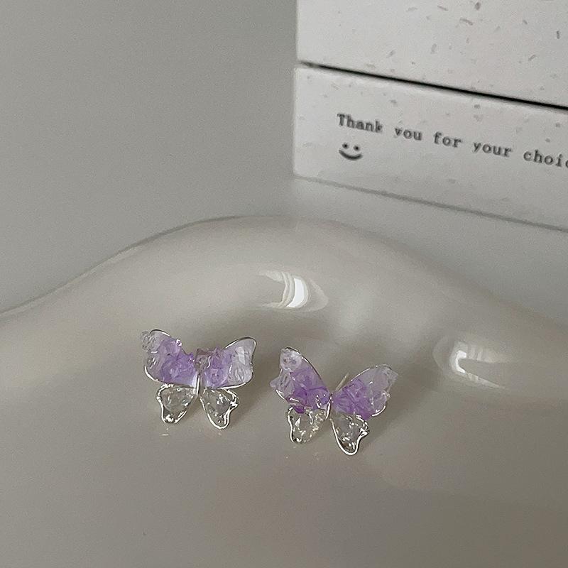 Matte Metal Purple Zircon Crystal Butterfly Stud Earrings Female Niche Personality Versatile Temperament Fashion Earrings Earrings