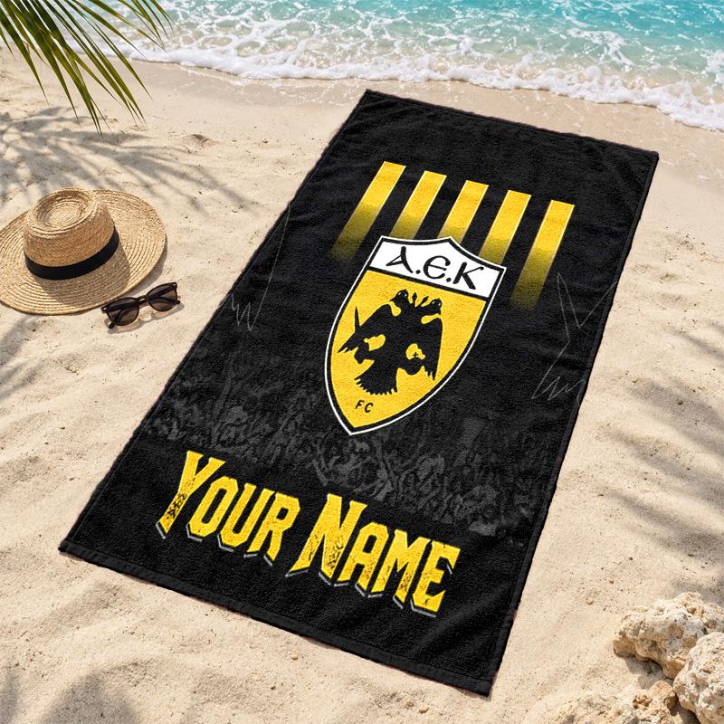 AEK Athens Custom Name Beach towels also serve as bath towels summer essential a musthave for the outdoors the beach and the pool