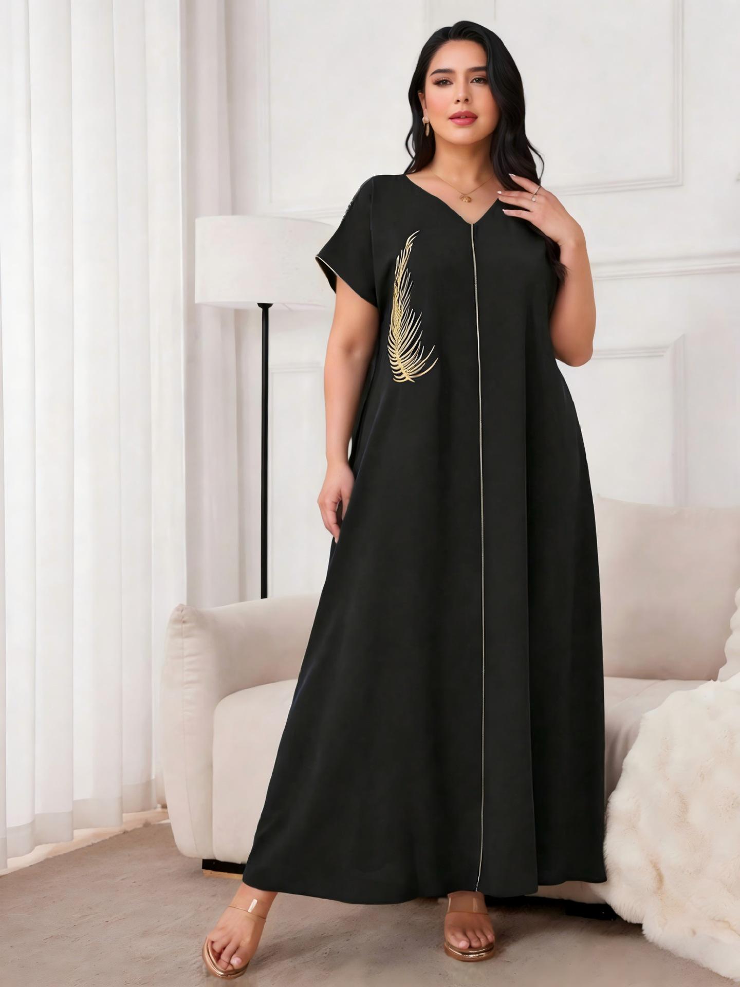 

Middle Eastern Plus Size V-neck Embroidered A-line Skirt Casual Pleated Two-in-One Dress 4XL