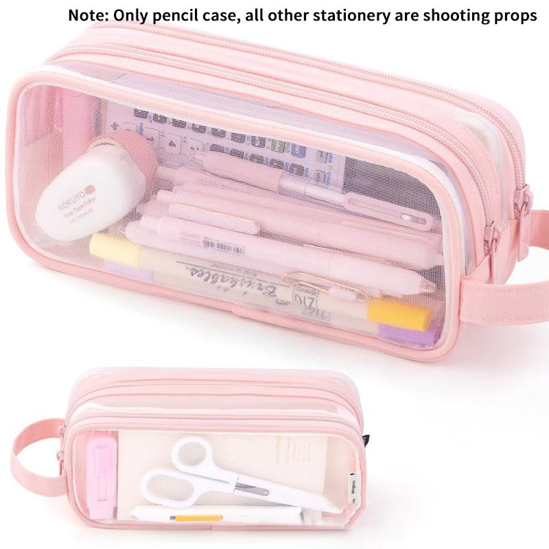 Transparent Large Mesh Pencil Case Double Layer Pencil Bag Handheld Portable Multifunctional Cosmetic Bag Stationery Storage