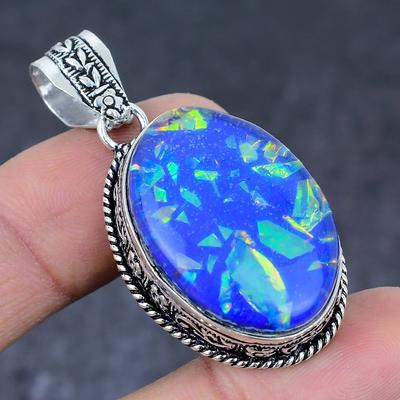 Natural Blue Triplet Opal Handmade 925 Sterling Silver Pendant 1.97" F1t63