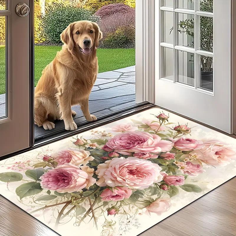 VIKAMA  Hallway Area Rug Luxury Pink Floral Print Entrance Mat Laundry Room And Bathroom Rug Home Decor