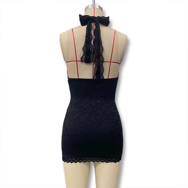2026 Fashion V-neck Lace Summer Suspender Short Dress Bodycon Sleeveless Party Club Short Dress Halter Neck Women's Backless Sexy Slim Mesh Miniskirt
