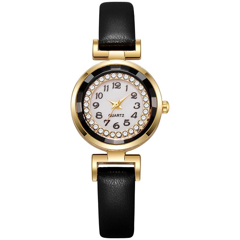 Fashion Women s Gold Round Crystal Watch Black Leather Strap Quartz Wristwatch Elegant Ladies Watches чёрный