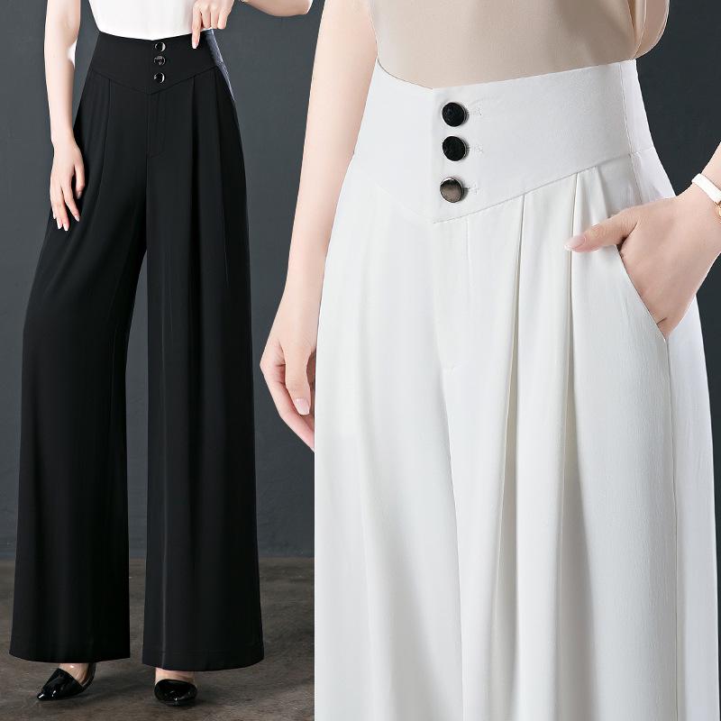 Ice Silk High-Waisted Wide-Leg Pants – Summer Thin, Draping Style for Petite, Middle-Aged Women, Versatile and Casual