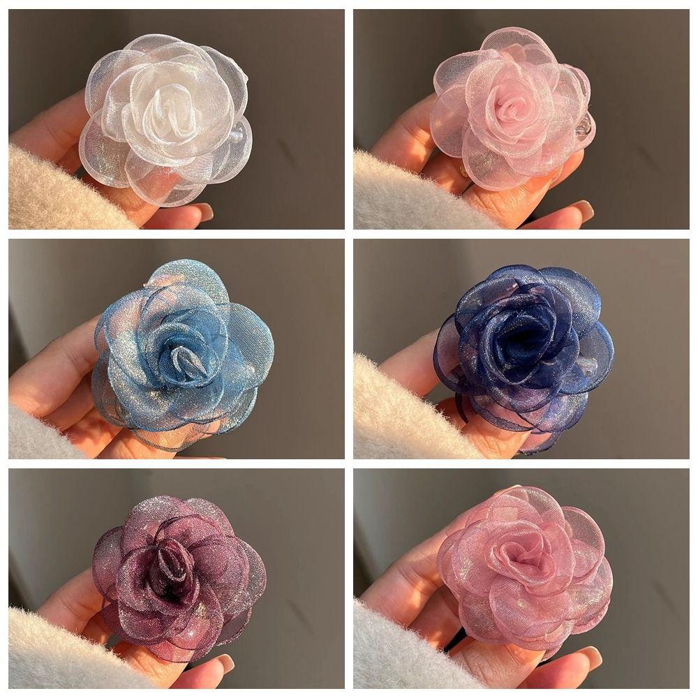 French Style Camellia Shark Clip Mesh Flower Claw Clip Simple Simulation Flower Hair Claw  Girl