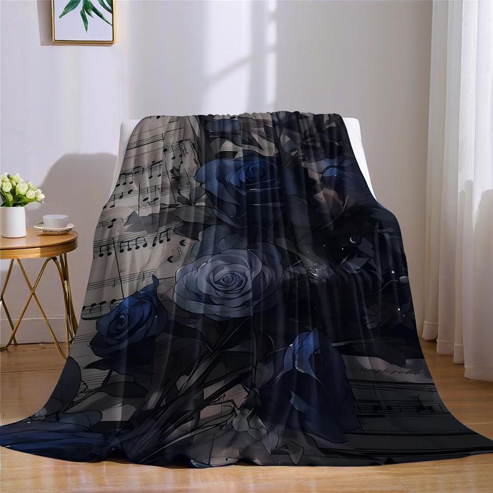Blue Roses Sheet Music Flannel Blanket Warm Soft Halloween Christmas Couch Warm Cozy Decorative Decor Gift for All Season