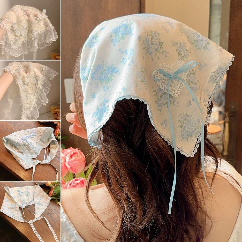Multicolor Lace Butterfly Headband Floral Patern Headscarf Sweet Triangular Headband  Spring Outing