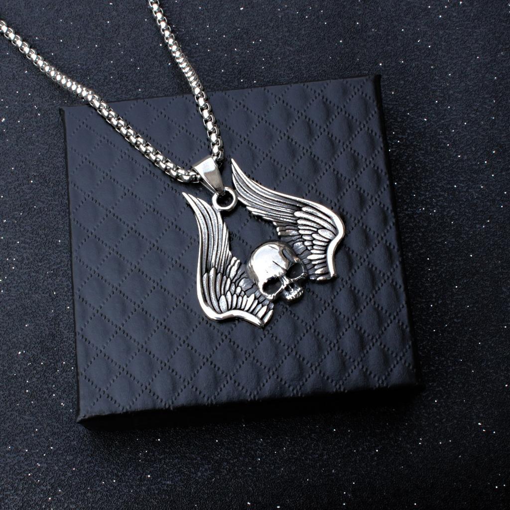 New Skull Pendant Necklace European and American Retro Wings Titanium Steel Men's Necklace