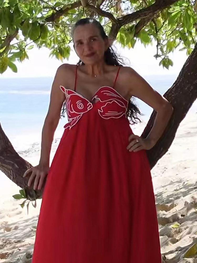 Красная вышивка в форме рыбы Женские платья свободный бретель без рукавов спинки — фото 7