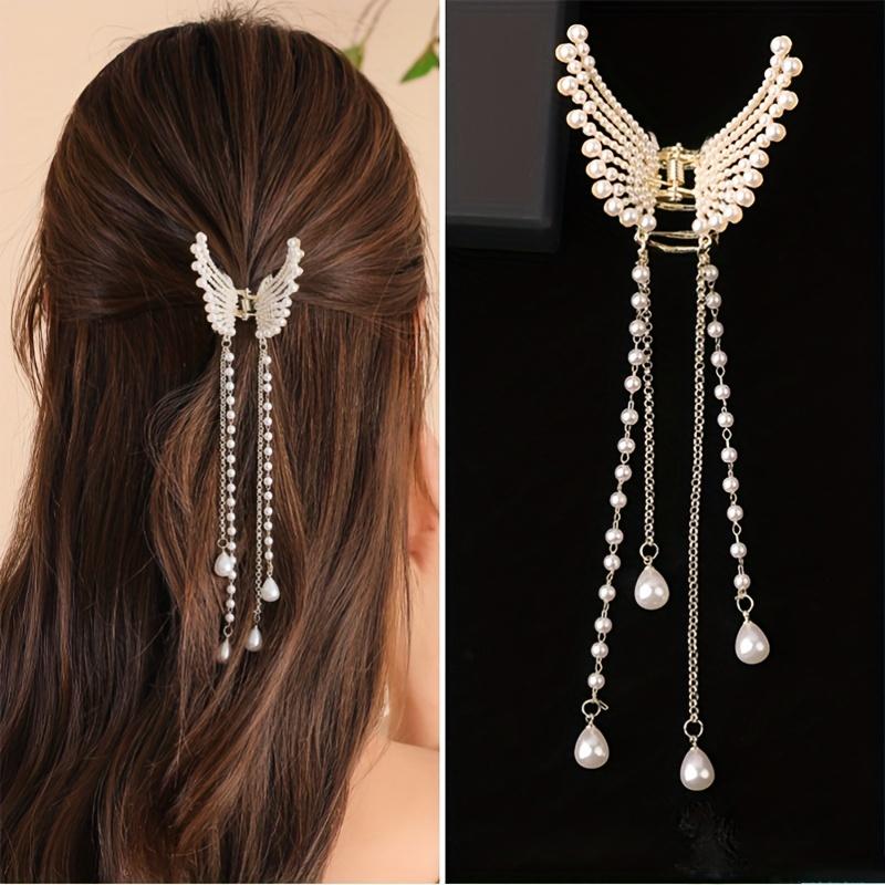 Diamond Studded Angel Wing Tassel Hair Clip with Pearl Flower And Butterfly Design, a Chic Shark Clip for Elestyles, a Sweet And Air Accessory That I