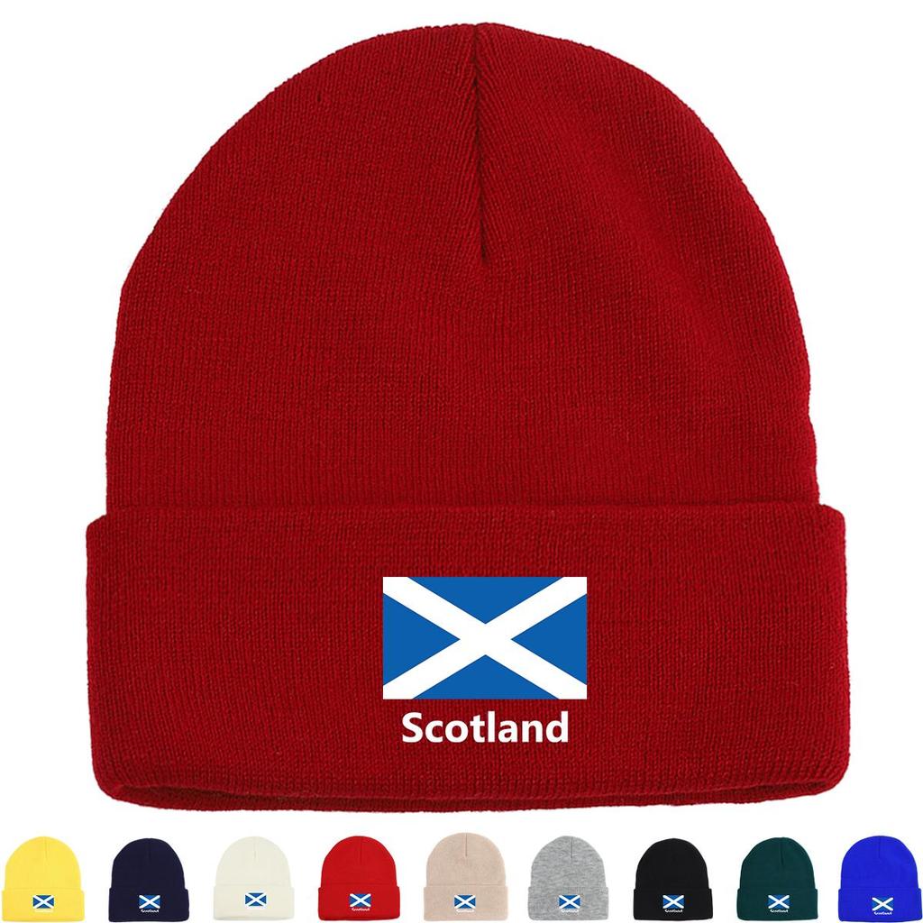 Flag of Scotland Print Knitted Cap Beanie, Patriotic Woman Cap Stretchy Autumn Unisex Pompom Beanies Knit Cap Beanie