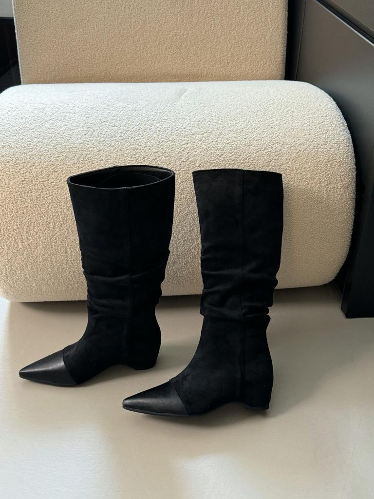 Small man inner height increase but knee boots stacking boots women's boots early autumn retro suede khaki boots western boots