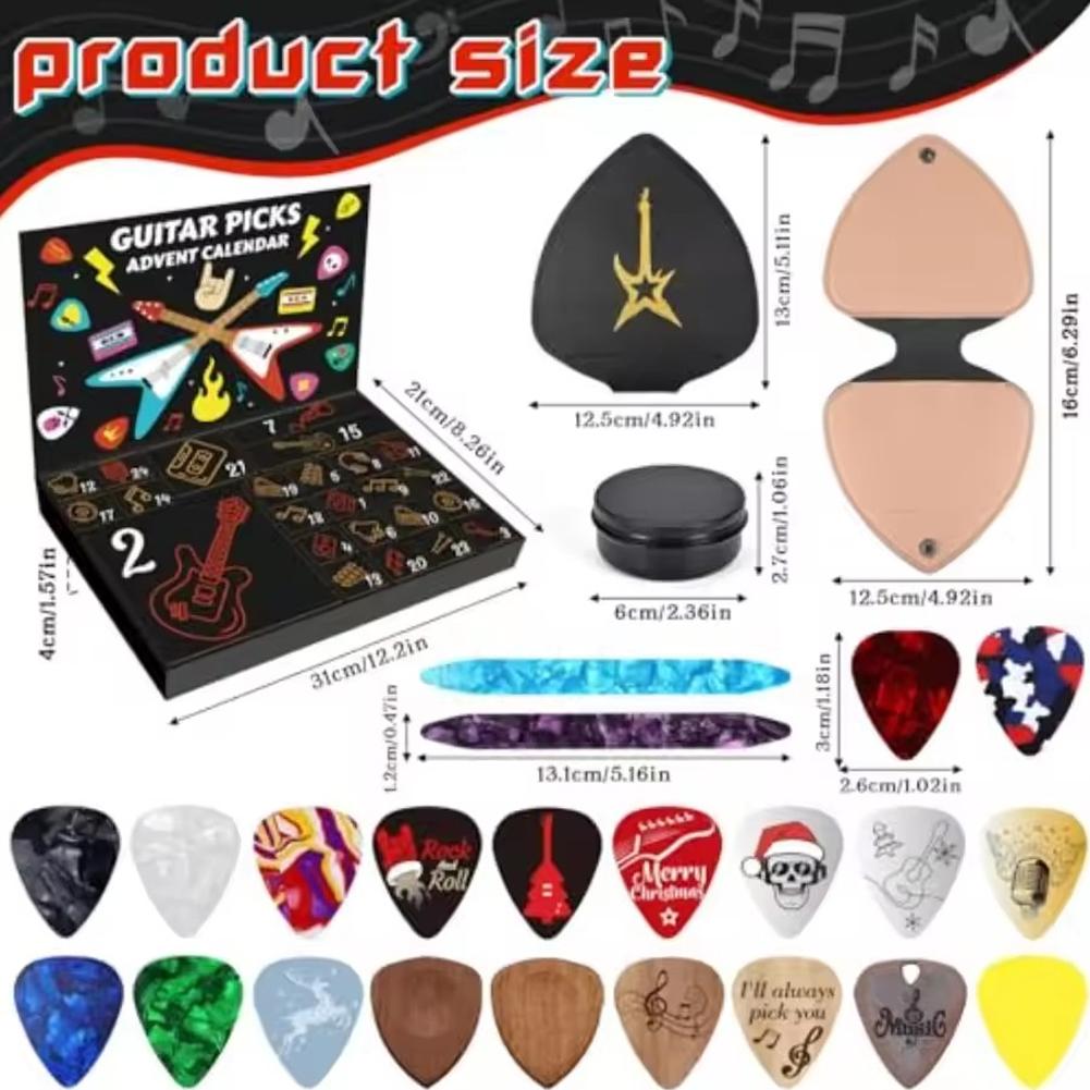2025 Guitar Picks Advent Calendar-20 Guitar Picks & 2 Oud Picks with Pick Holder Christmas Gift for Guitar Bass Ukulele Players