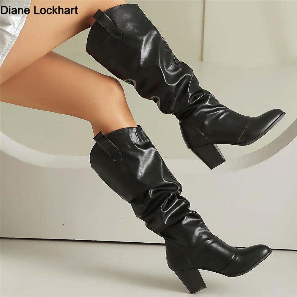 Fashion Black Pleated Knee High Autumn Winter Boots for Women Casual Block Heel Fashion Long Footwear Shoes Ladies Female Boats Mujer