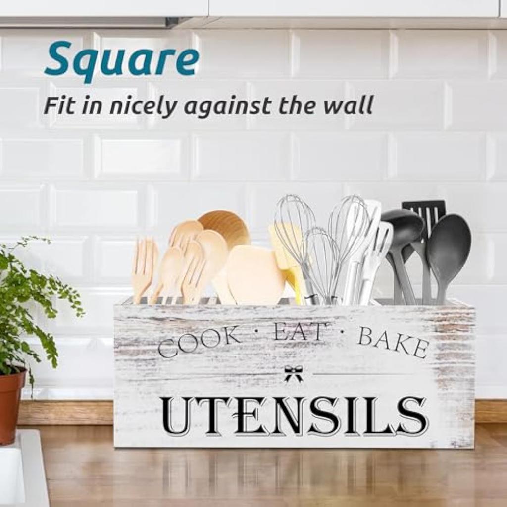 Wooden Kitchen Utensil Organizer with Dividers for Knives Forks Spoons Countertop Storage Box Cooking Tools Holder