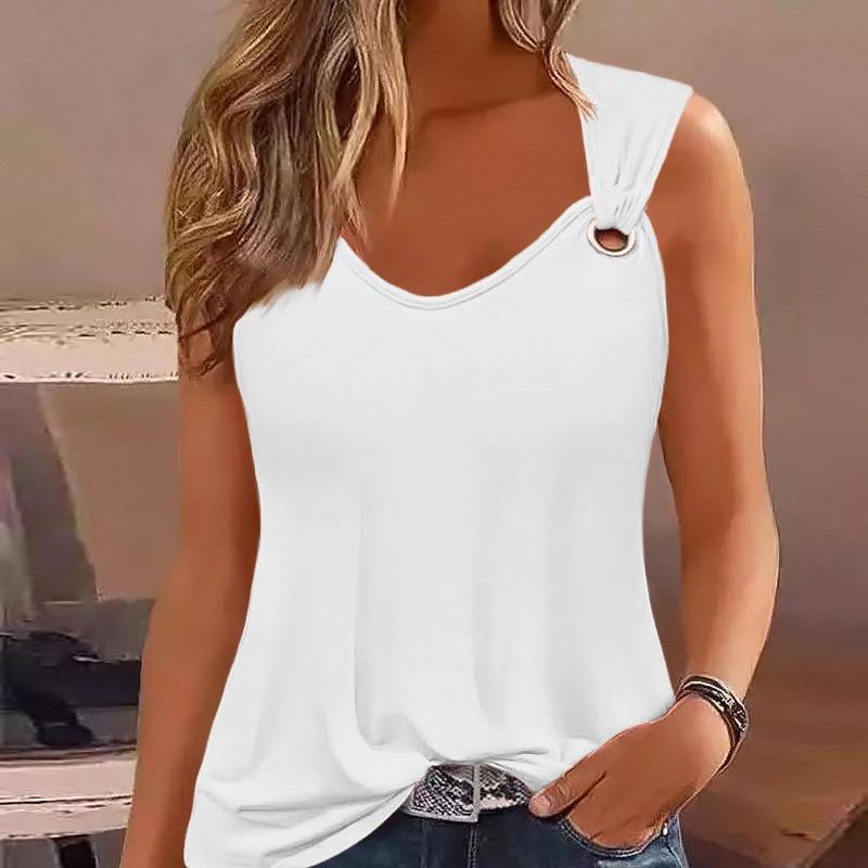 

Summer Fashion Sexy Simple Metal Buckle V-neck Sleeveless Women s Solid Color Sweet Vest XXXL білий