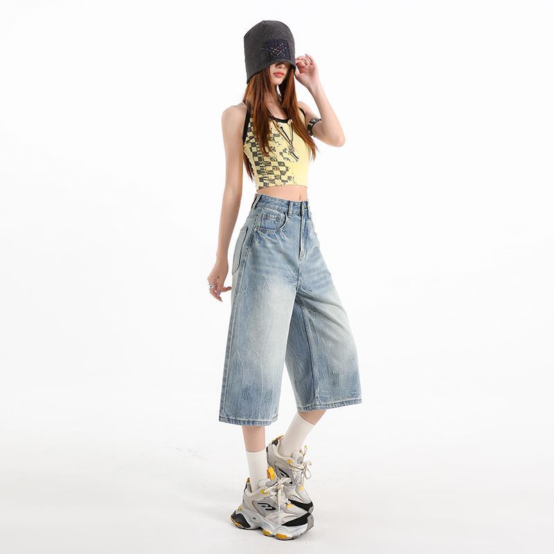 Fashion Summer Washed Light Blue Cropped Capri Denim Pants For Tall Women Loose Wide Leg Trendy Versatile Slimming FigureFlattering Bottoms