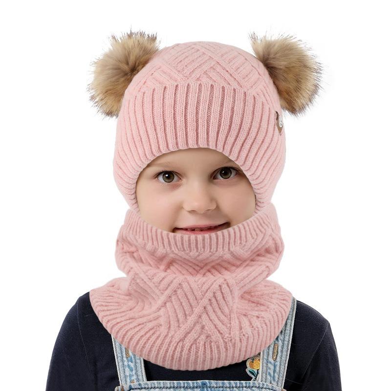 Children's double hairball knitted hat Girls' winter wool warm and fleece cold-proof hat scarf gloves three-piece set