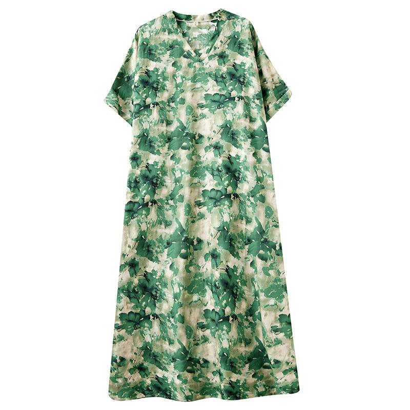 DIMANAF 2025 Women Plus Size Summer Dress Basic Long Dress Vintage Cotton Linen Casual Floral Printing Loose