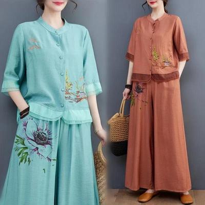 Women's Summer Personality Ethnic Style Suit Mother Chinese Embroidery Top + Pants Plus Size Loose Two-piece Suit