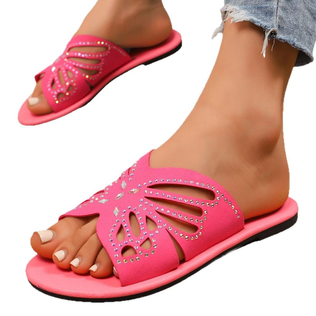 Sommer neue Sandalen Damen Außenhandel große Größe Ein Wort runder Kopf Schmetterling Strass europäisch und amerikanisch lässige coole Hausschuhe Damen Spot