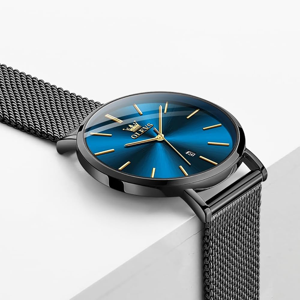 OLEVS Women's Minimalist Casual Watch Leather Band Waterproof Analog Quartz with Date Calendar Black Blue Mesh Strap