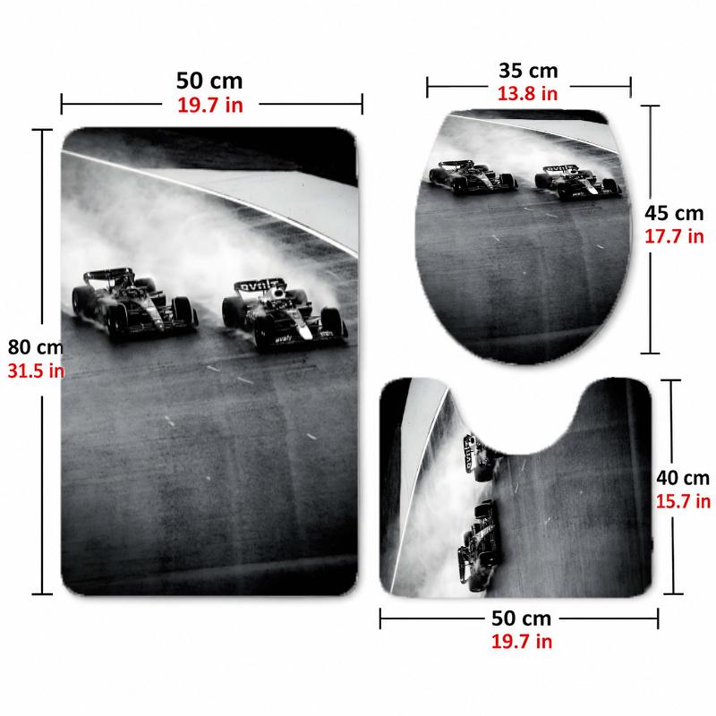 Formula 1 (28) Flannel Toilet 3 Piece Set Soft Bathroom Toilet Seat Cover Non-Slip Bath Rug Home Bathroom Decor