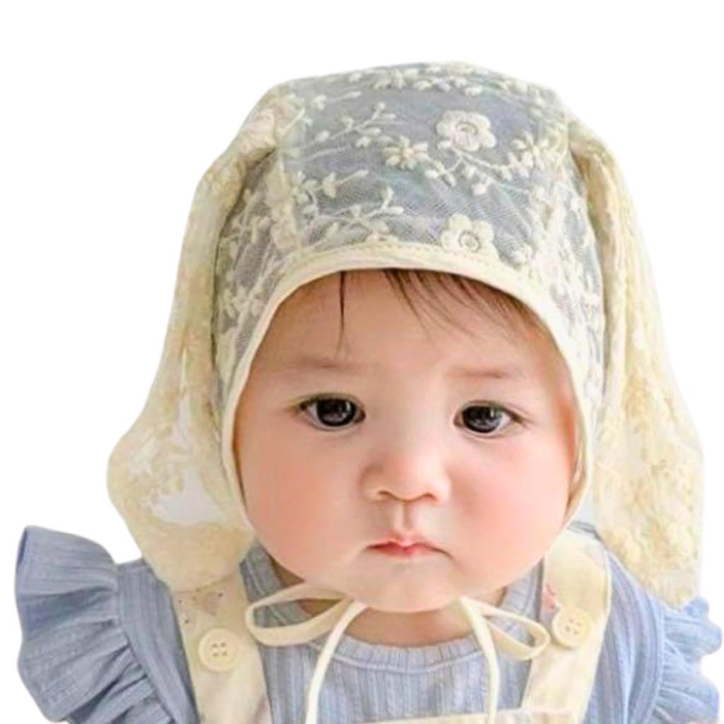 AYHM Newborn Hat with Rabbit Baby Babushka Size for Newborns Mesh Baby Baby Hat Ears, Bonnet, Beige, Lace, 38-44cm, (0-1 Years), Rabbit, Lace,