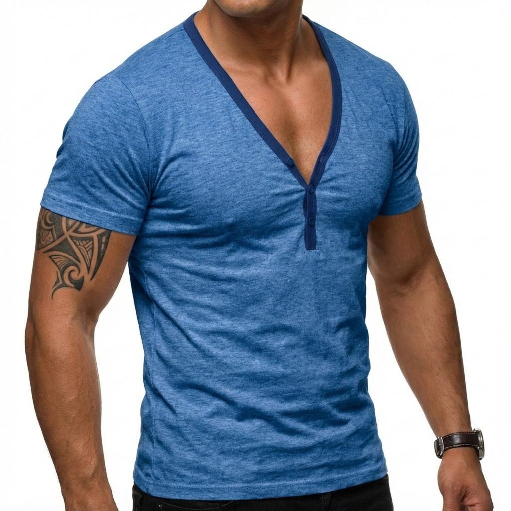 Men's Casual Base Layer Sportswear, Men's Color-blocked Low-cut V-neck Short-sleeved T-shirt Top