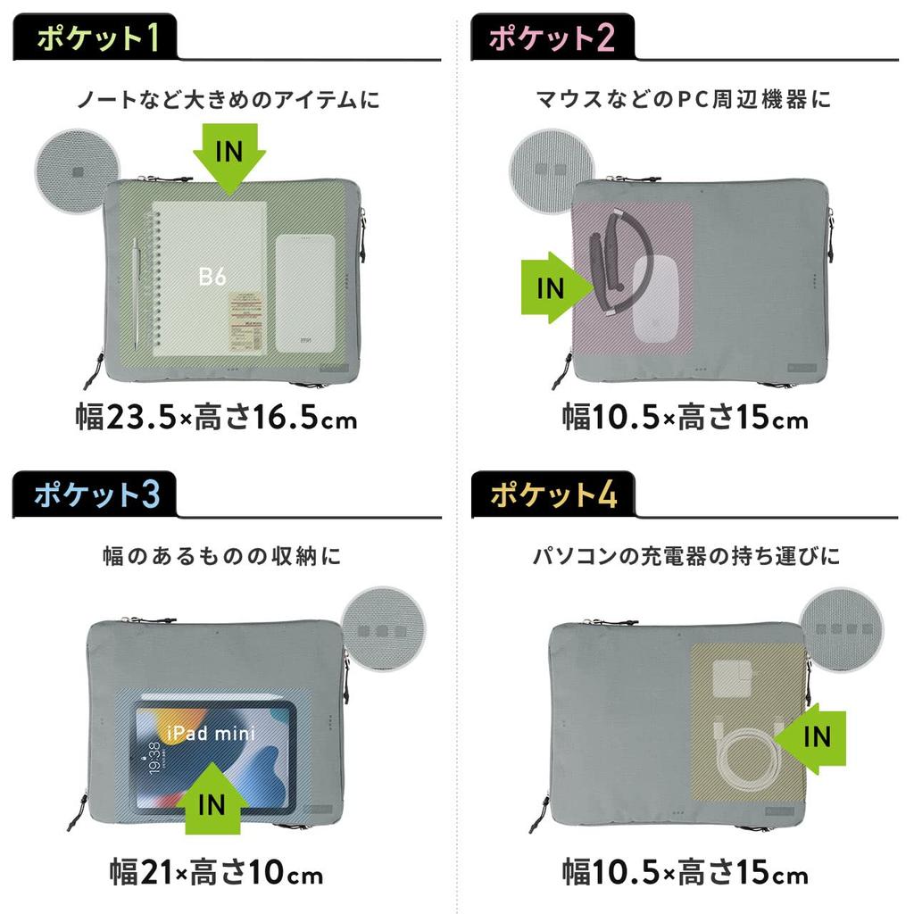 Sanwa Direct Gadget Pouch, Slim, A4 Size, Bag-in-Bag, 4-Pocket, Travel Pouch, Black, 200-BAGIN031BK