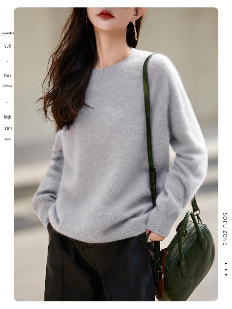 Women's Seamless Cashmere Wool Blend Crew Neck Sweater - Brushed Knit One-Piece Base Layer for Fall/Winter