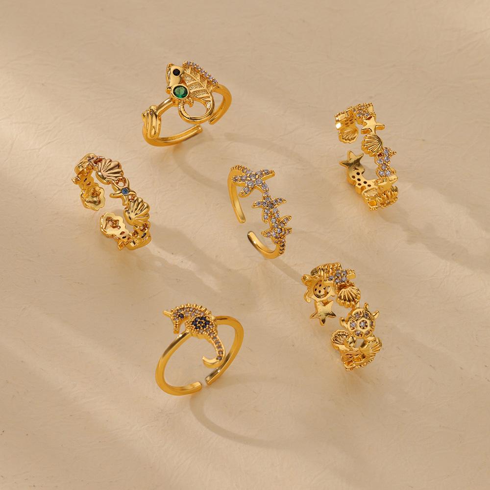 Dainty Zircon Shell Starfish Turtle Evil Eye Rings Stainless Steel Ring Women Anti Fading Golden Charm Zircon Accessories Gifts