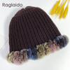 Heißer Kaninchen Fell Pompon Hüte Frauen Winter Flauschigen Warme Gestrickte Elastische Mützen Fuchs Echtpelz Stricken Hut Weiche Elastische Gestreiften Skullies