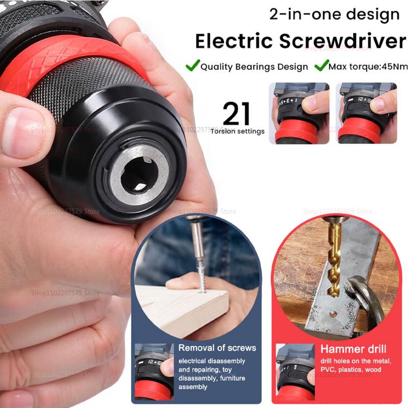 2 In 1 Lithium Brushless Cordless Drill and Electric Screwdriver Multi-Function Power Tool for Home Renovation Furniture Assembl